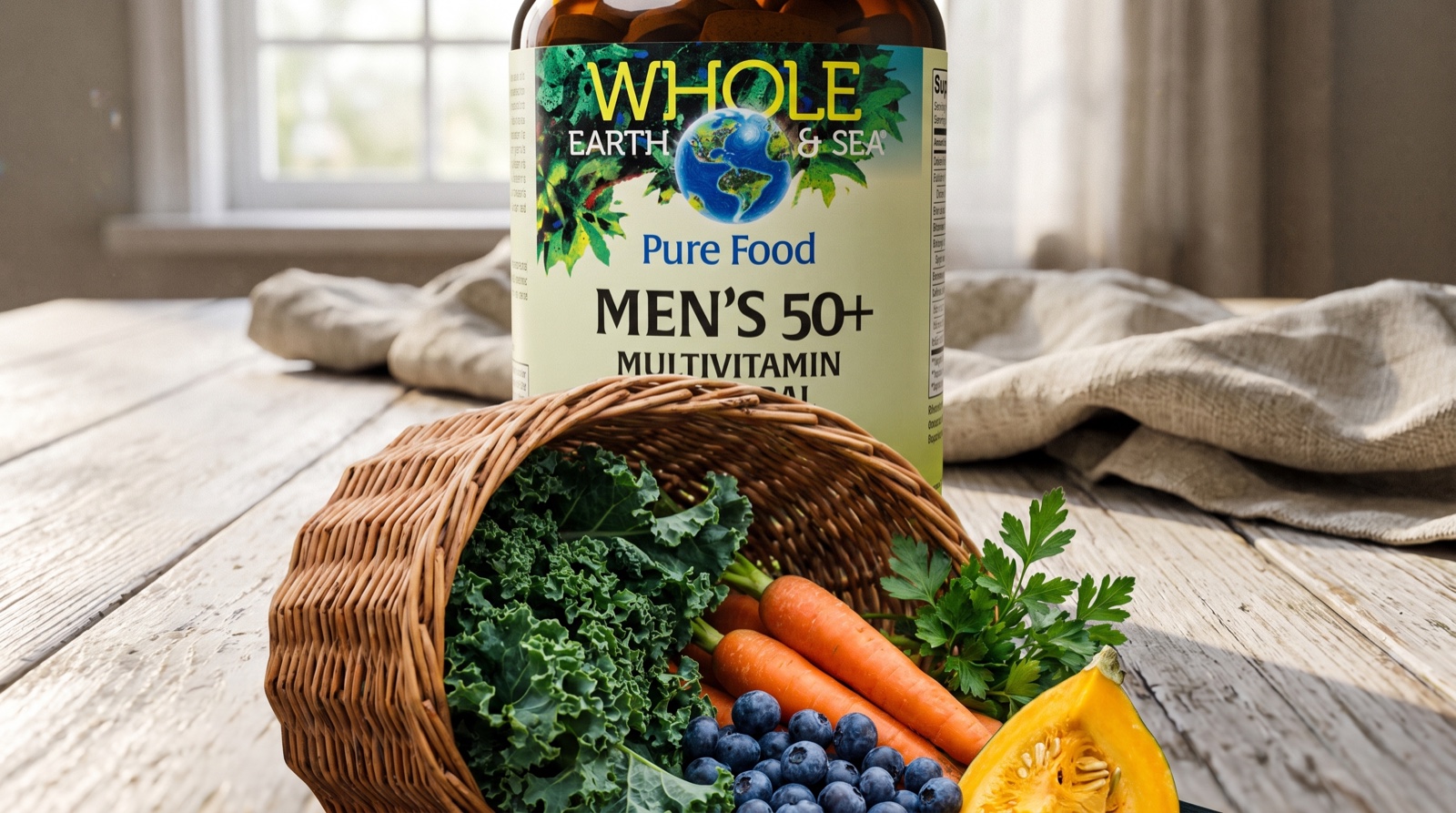 Мультивитамины Whole Earth and Sea рядом с корзиной овощей на деревенском столе
