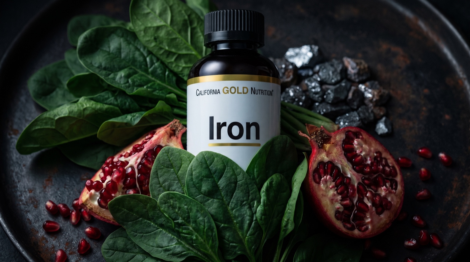 Железо California Gold Nutrition на чугунной тарелке со шпинатом и гранатом