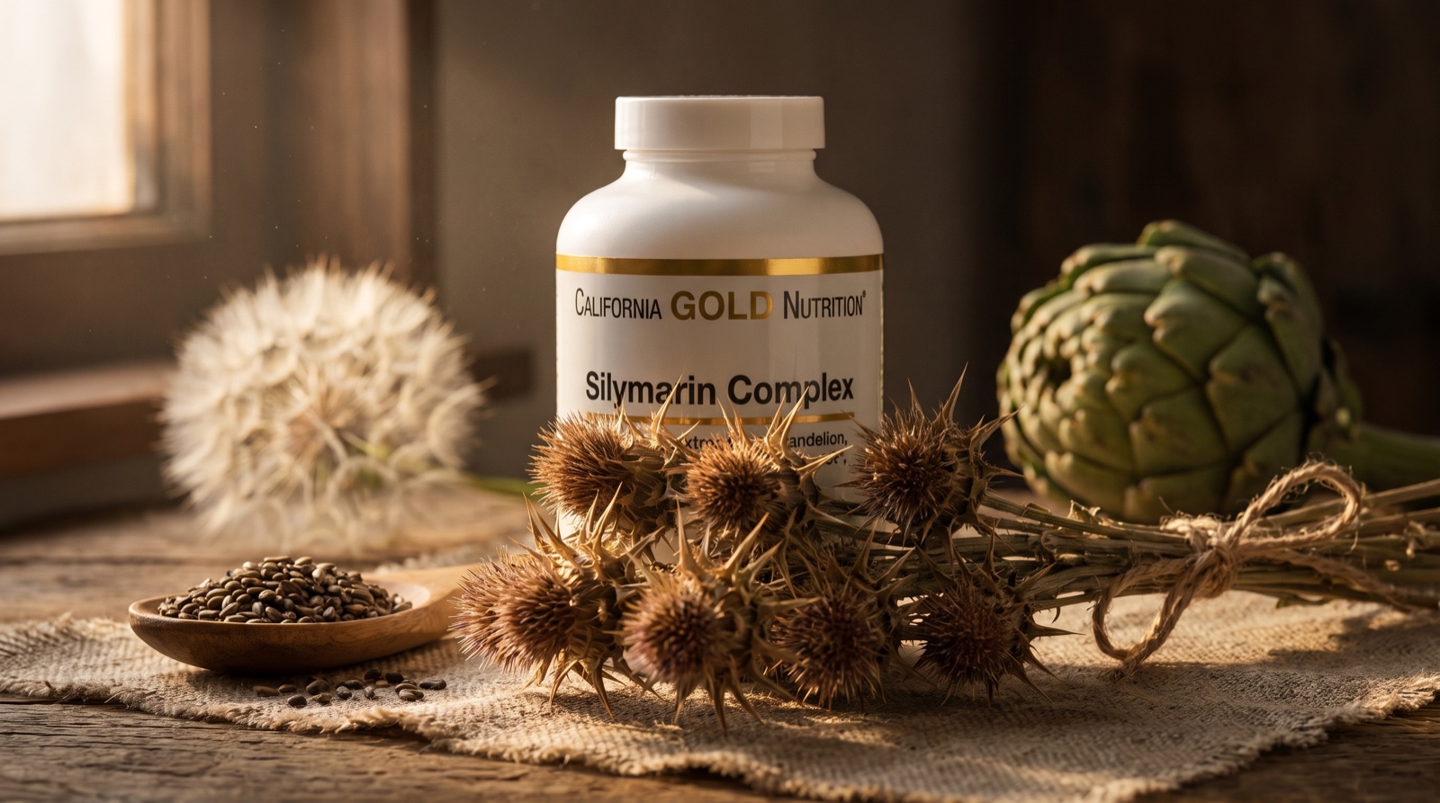 Комплекс с силимарином California Gold Nutrition рядом с сухой расторопшей и артишоком