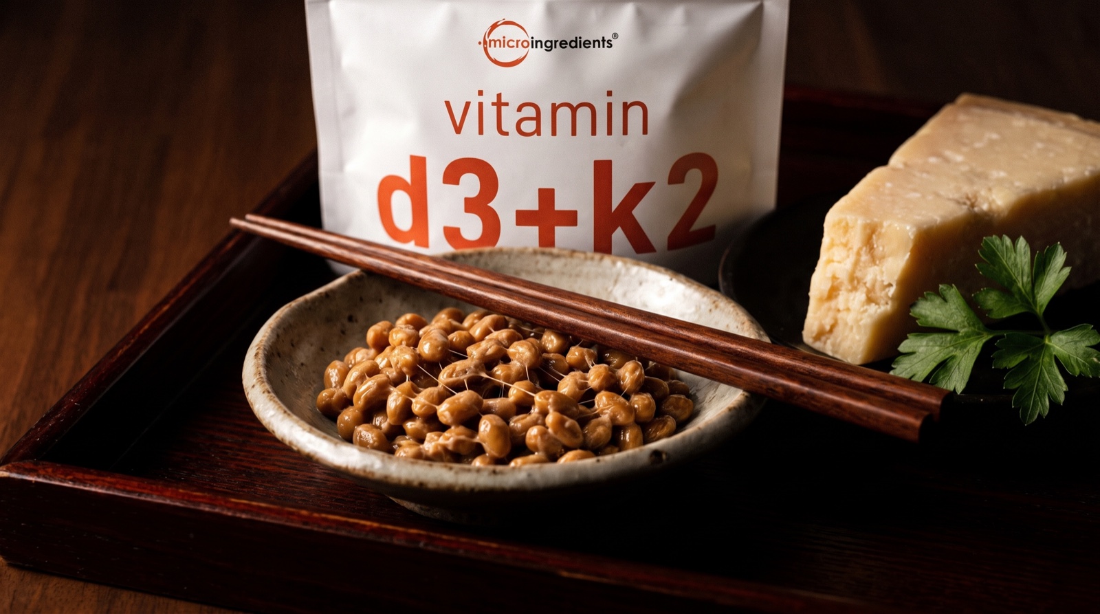 Витамины D3 и K2 Micro Ingredients рядом с натто и выдержанным сыром