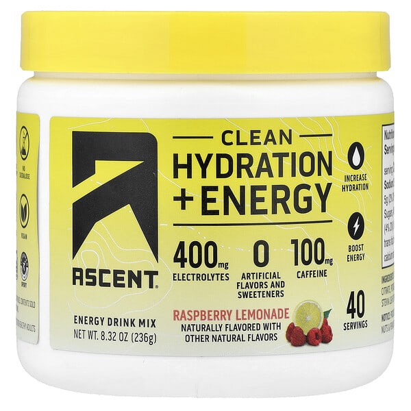 aet02167_v_10.jpg Clean Hydration + Energy, Energy Drink Mix, Raspberry Lemonade, 8.32 oz (236 g) — Ascent