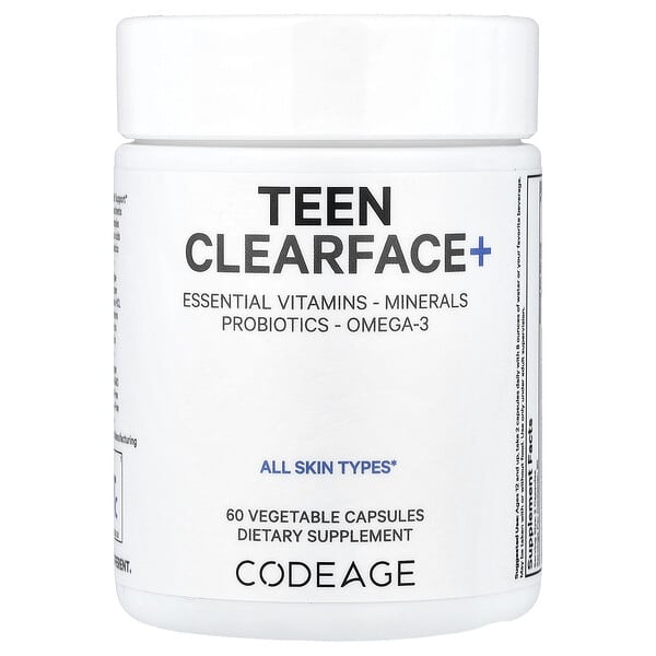 age00877_v_40.jpg Teen Clearface+, добавка для здоровья кожи лица подростков, 60 растительных капсул — Codeage