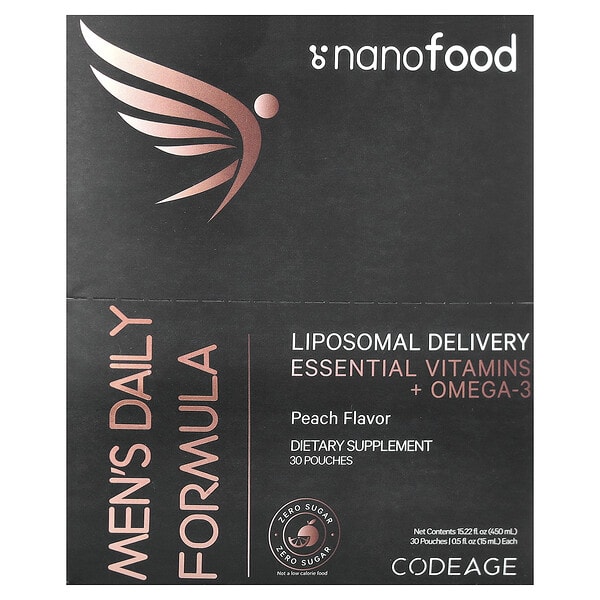 age12172_v_38.jpg Nanofood, ежедневная формула для мужчин, липосомальная технология доставки, незаменимые витамины и омега-3, персик, 30 пакетиков по 15 мл (0,5 жидк. унции) каждый — Codeage