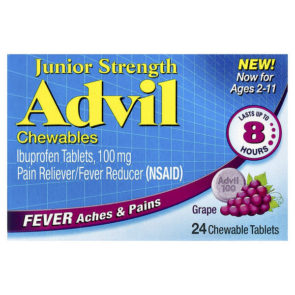 ail17920_v_55.jpg Junior Strength, ибупрофен в таблетках, для детей от 2 до 11 лет, со вкусом винограда, 100 мг, 24 жевательных таблетки — Advil