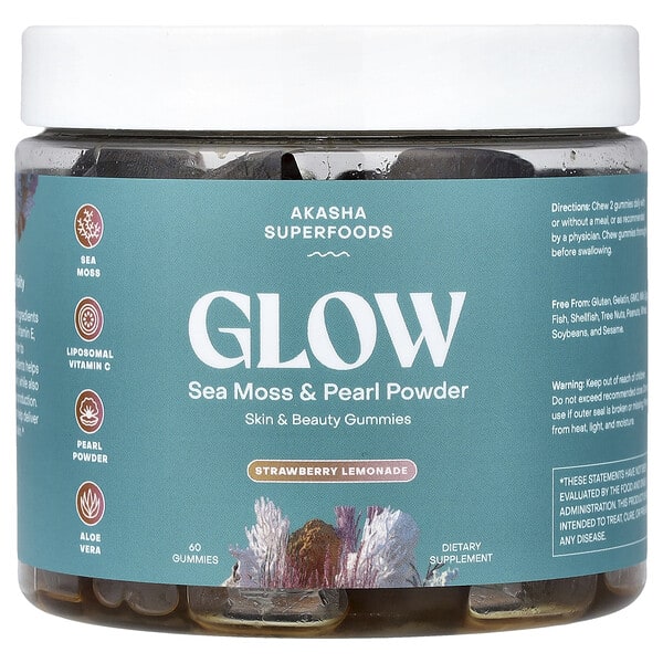 aka89351_v_8.jpg Glow, порошок из морского мха и жемчуга, со вкусом клубничного лимонада, 60 жевательных таблеток — Akasha Superfoods