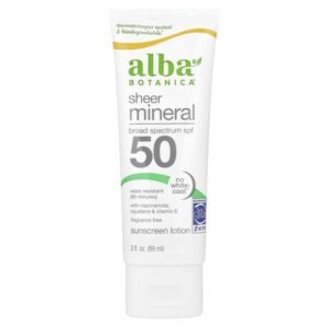 Sheer Mineral, минеральный солнцезащитный лосьон, SPF 50, без отдушки, 89 мл (3 жидк. унции) — Alba Botanica