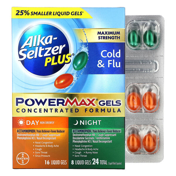 alz57684_v_13.jpg Максимальная сила действия при простуде и гриппе, PowerMax, дневное и ночное средство, 24 жидких геля — Alka-Seltzer Plus