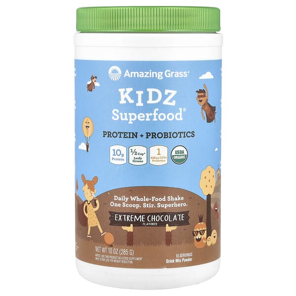 amg00687_v_18.jpg Kidz Superfood®, протеин и пробиотики, экстремальный шоколад, 285 г (10 унций) — Amazing Grass