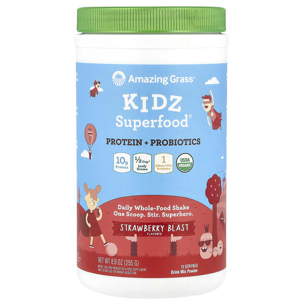 amg00688_v_34.jpg Kidz Superfood, протеин и пробиотики, клубничный взрыв, 255 г (8,9 унции) — Amazing Grass