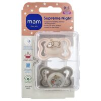 Supreme Night, ночная пустышка, для детей 0–6 месяцев, розовая и серая, 2 шт. — MAM