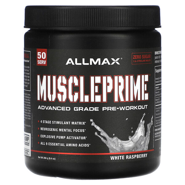 amx22402_v_13.jpg MusclePrime®, предтренировочный комплекс для улучшенных продуктов, белая малина, 266 г (9,4 унции) — ALLMAX
