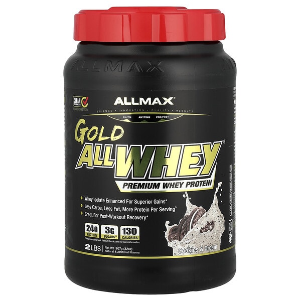 amx22498_v_41.jpg GOLD ALLWHEY®, сывороточный протеин премиального качества, печенье и сливки, 907 г (32 унции) — ALLMAX