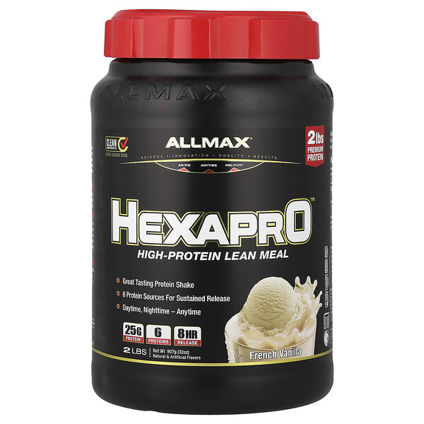 amx22846_v_25.jpg Hexapro™, высокопротеиновый нежирный рацион, французская ваниль, 907 г (2 фунта) — ALLMAX