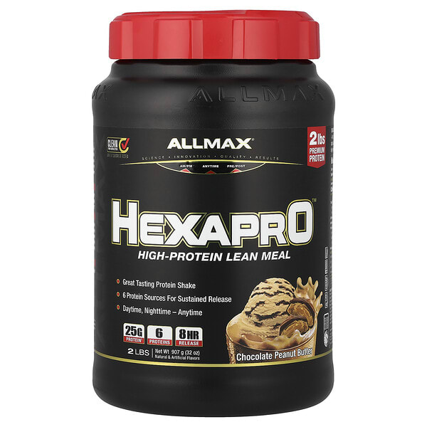 amx22848_v_25.jpg Hexapro™, высокопротеиновая нежирная мука, шоколад и арахисовое масло, 907 г (2 фунта) — ALLMAX
