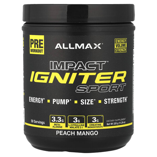 amx22940_v_24.jpg IMPACT™ IGNITER Sport, предтренировочный комплекс, со вкусом персика и манго, 320 г (11,29 унции) — ALLMAX