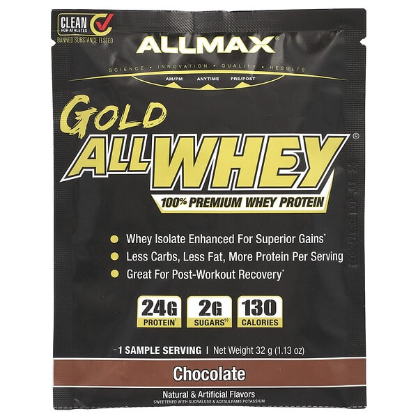 amx23525_v_7.jpg Gold All Whey, 100% сывороточный протеин премиального качества, шоколад, 32 г (1,13 унции) — ALLMAX