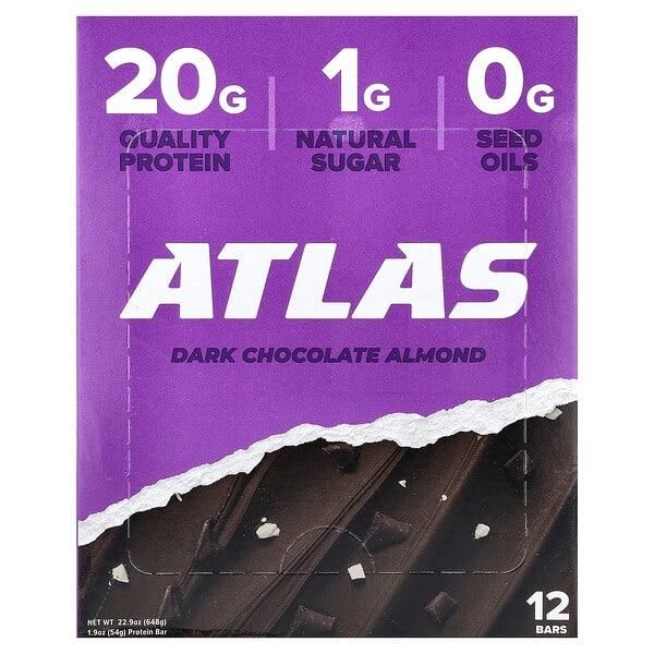 atb00037_v_39.jpg Atlas Bar, протеиновый батончик, темный шоколад и миндаль, 12 батончиков по 54 г (1,9 унции)