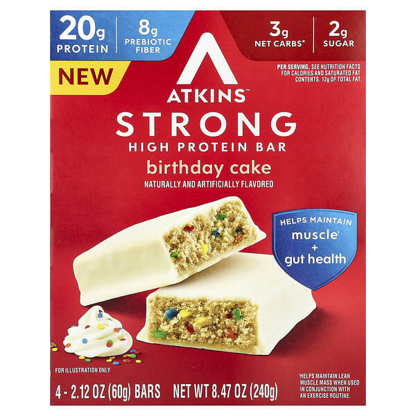 atk00586_v_18.jpg Strong, батончик с высоким содержанием протеина, праздничный торт, 4 батончика по 60 г (2,12 унции) — Atkins