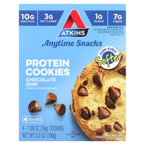 atk07410_v_30.jpg Everytime Snacks, протеиновое печенье, с шоколадной крошкой, 4 шт. по 39 г (1,38 унции) — Atkins