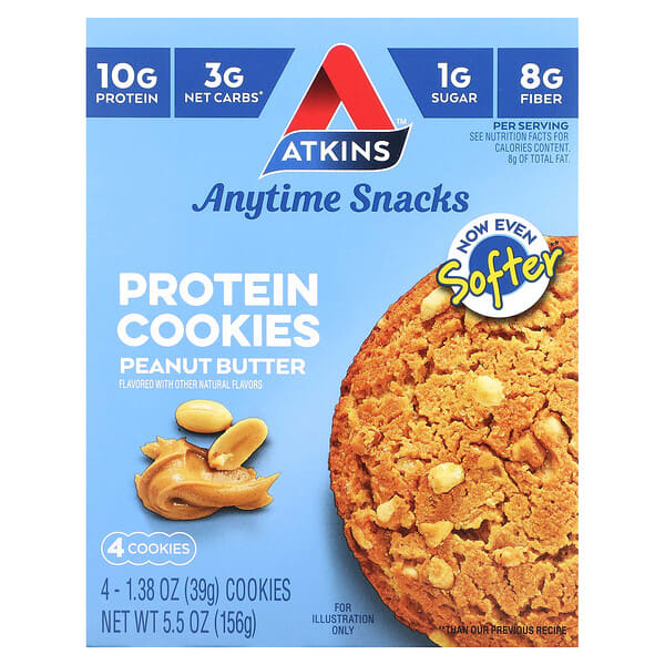 atk07420_v_29.jpg Everytime Snacks, протеиновое печенье, арахисовая паста, 4 шт. по 39 г (1,38 унции) — Atkins