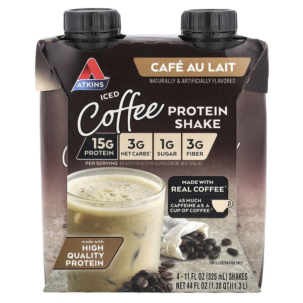 atk08146_v_18.jpg Кофейный протеиновый коктейль со льдом, Cafe Au Lait, 4 коктейля, 325 мл (11 жидк. унц.) — Atkins