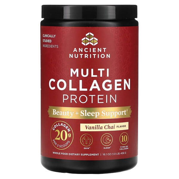 atn02466_v_48.jpg Multi Collagen Protein, протеин с коллагеном, для красоты и сна, ванильный чай, 456 г (1 фунт) — Ancient Nutrition