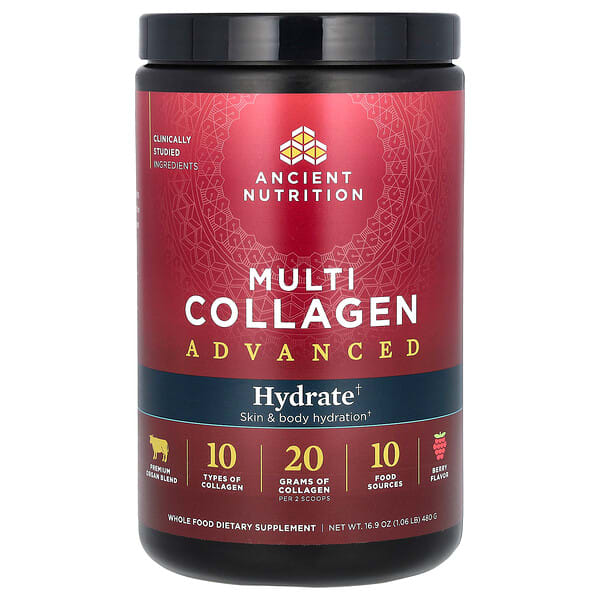 atn02705_v_8.jpg Multi Collagen Advanced, улучшенный коллаген, для гидратации, со вкусом ягод, 480 г (16,9 унции) — Ancient Nutrition