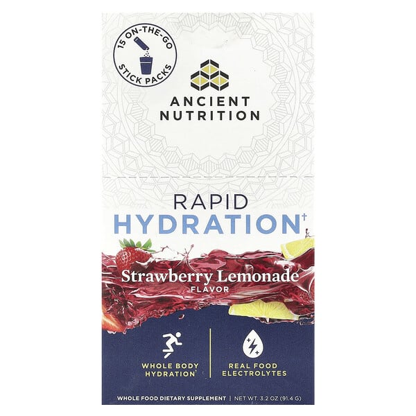 atn02807_v_17.jpg Rapid Hydration, клубничный лимонад, 15 упаковок в виде стиков, по 6,1 г (0,2 унции) — Ancient Nutrition