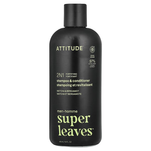 att11710_v_8.jpg Super Leaves™, 2N1 укрепляющий шампунь и кондиционер для мужчин, матча и бергамот, 415 мл (14 жидк. унций) — ATTITUDE
