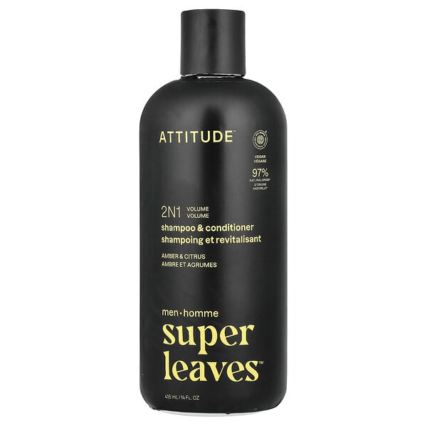 att11711_v_8.jpg Super Leaves™, шампунь и кондиционер для придания объема 2N1, для мужчин, янтарь и цитрус, 415 мл (14 жидк. унций) — ATTITUDE