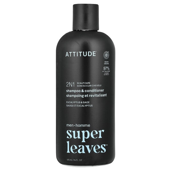 att11712_v_8.jpg Super Leaves™, 2N1, шампунь и кондиционер для кожи головы, для мужчин, эвкалипт и шалфей, 415 мл (14 жидк. унций) — ATTITUDE