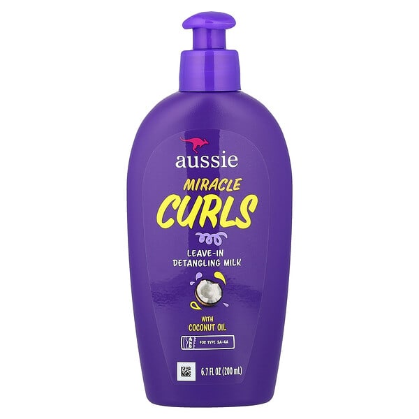 aus18670_v_26.jpg Miracle Curls, несмываемое молочко для расчесывания волос с кокосовым маслом, для типов 3A–4A, 200 мл (6,7 жидк. унции) — Aussie