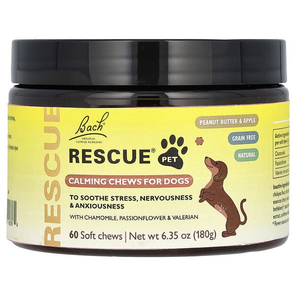 bac40378_v_8.jpg Rescue Pet, успокаивающие жевательные таблетки для собак, арахисовое масло и яблоко, 60 жевательных таблеток, 180 г (6,35 унции) — Bach