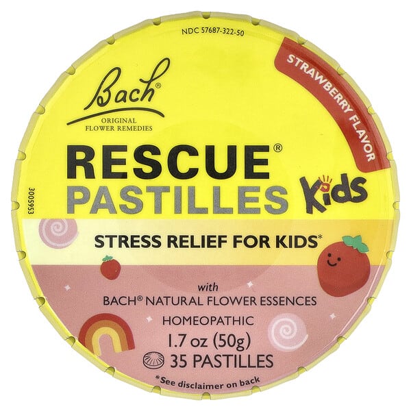 bac40455_v_3.jpg Rescue®, пастилки для детей, для снятия стресса, со вкусом клубники, 35 пастилок, 50 г (1,7 унции) — Bach