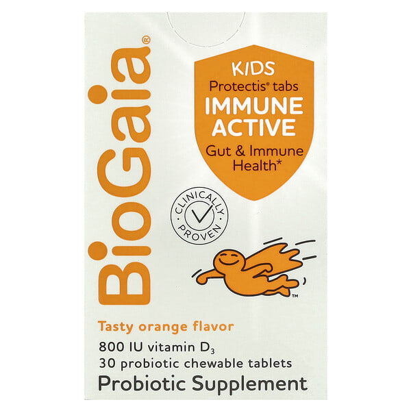 bga46052_v_17.jpg Protectis Kids, Immune Active, вкус апельсина, 30 жевательных таблеток с пробиотиками — BioGaia