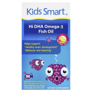 Kids Smart®, рыбий жир с омега-3 и высоким содержанием ДГК, с фруктовым вкусом, 30 жевательных лопающихся капсул — Kids Smart