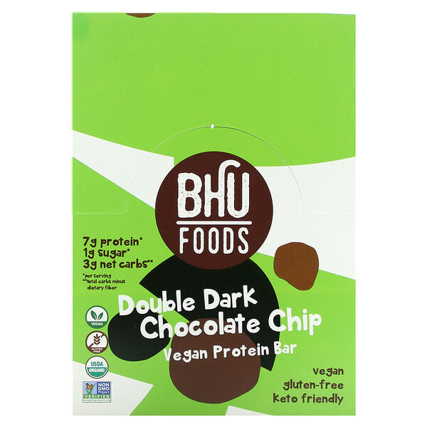 bhf00013_v_11.jpg BHU Foods, Веганский протеиновый батончик, двойная крошка из темного шоколада, 12 батончиков по 45 г (1,6 унции)