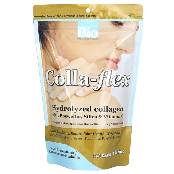 biu00308_v_8.jpg Colla-Flex, гидролизованный коллаген с босвеллией, диоксидом кремния и витамином C, натуральная ваниль, 240 г — Bio Nutrition
