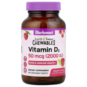 Earth Sweet Chewables, витамин D3, со вкусом малины, 2000 МЕ, 90 жевательных таблеток — Bluebonnet Nutrition