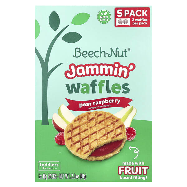bnu04157_v_18.jpg Jammin 'Waffles, для детей от 12 месяцев, груша и малина, 5 пакетиков по 16 г (0,56 унции) — Beech-Nut