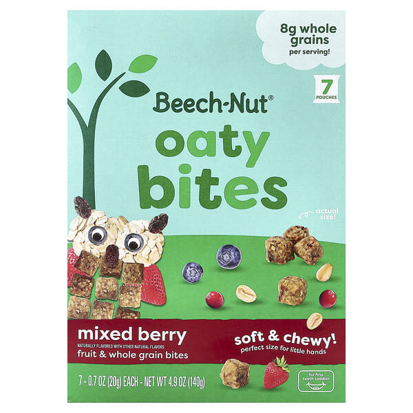 bnu04160_v_18.jpg Oaty Bites, для малышей с первым прорезыванием зубов, ягодное ассорти, 7 пакетиков по 20 г (0,7 унции) — Beech-Nut