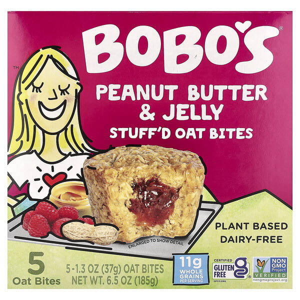 bob00035_v_36.jpg Овсяные кусочки с начинкой, арахисовая паста и желе, 5 кусочков, 37 г (1,3 унции) — Bobo's Oat Bars