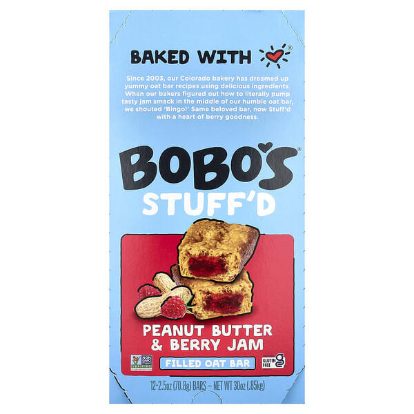 bob00099_v_39.jpg овсяный батончик с начинкой, арахисовая паста и ягодный джем, 12 батончиков по 70,8 г (2,5 унции) — Bobo's Oat Bars