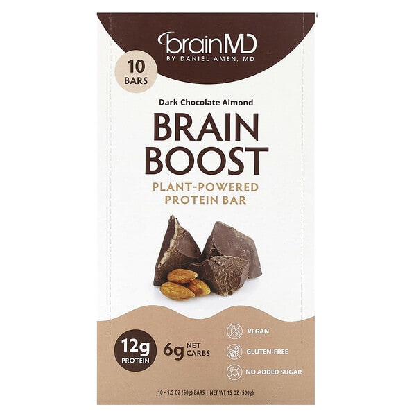 brd00358_v_10.jpg Brain Boost, батончик на растительной основе, протеиновый батончик, темный шоколад и миндаль, 10 батончиков по 50 г (1,5 унции) — BrainMD