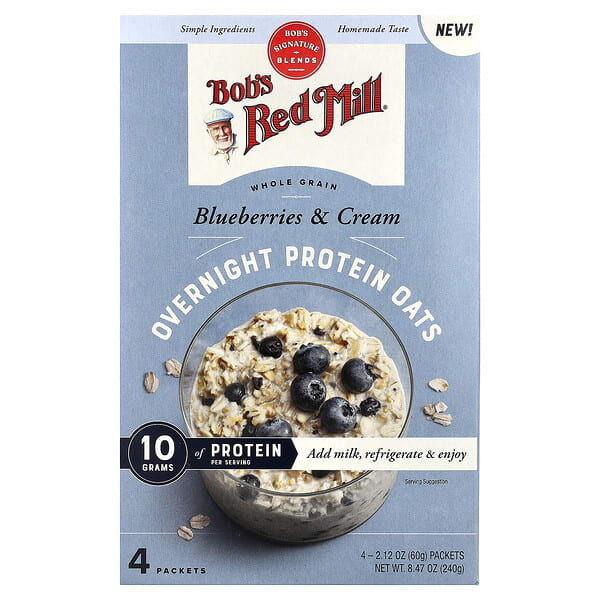 brm33306_v_18.jpg Overnight Protein Oats, цельнозерновые продукты, голубика и сливки, 4 пакетика по 60 г (2,12 унции) — Bob's Red Mill