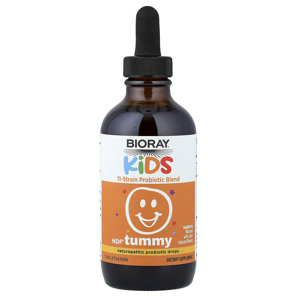 bry46525_v_60.jpg NDF®, Tummy, для детей, смесь 11 штаммов пробиотиков, малиновый вкус, 118 мл (4 жидк. унции) — Bioray