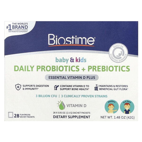 bse03000_v_20.jpg Biostime, Для малышей и детей, ежедневные пробиотики и пребиотики, для новорожденных до 6 лет, 28 пакетиков-саше без вкуса, по 1,5 г (0,05 унции)