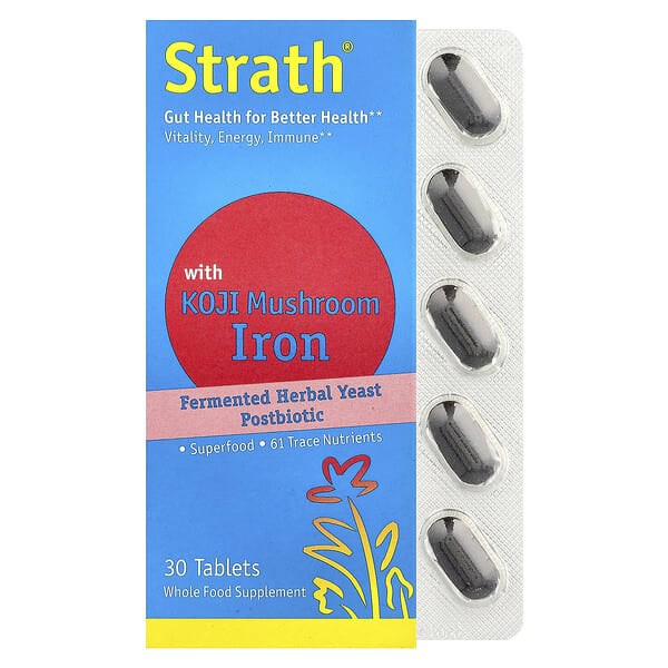 bst01314_v_18.jpg Bio-Strath, Постбиотик из ферментированных травяных дрожжей, с железом из грибов кодзи, 30 таблеток