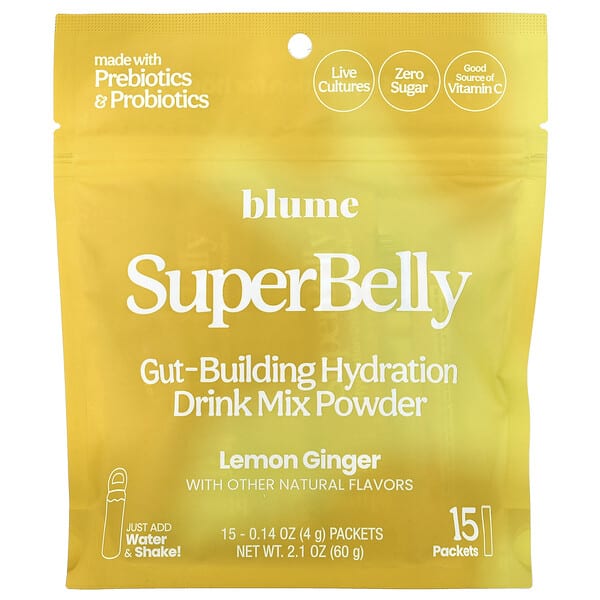 bue00208_v_3.jpg SuperBely, смесь для приготовления гидратации кишечника в порошке, со вкусом лимона и имбиря, 15 пакетиков по 4 г (0,14 унции) — Blume