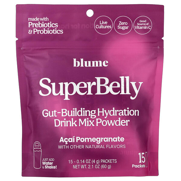 bue00209_v_3.jpg SuperBely, смесь для приготовления гидратированного напитка для формирования кишечника, со вкусом граната асаи, 15 пакетиков по 4 г (0,14 унции) — Blume